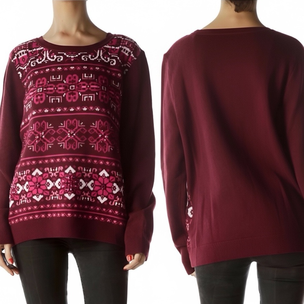 Talbots Fair Isle Burgundy Pink Beaded Knit Pullover Sweater Women’s Size Medium